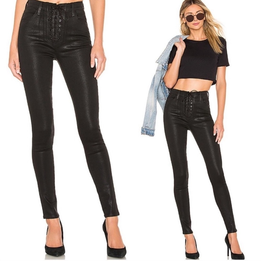 J Brand Steph Shep Coated Vendetta Lace Up High Rise Black Skinny Jeans